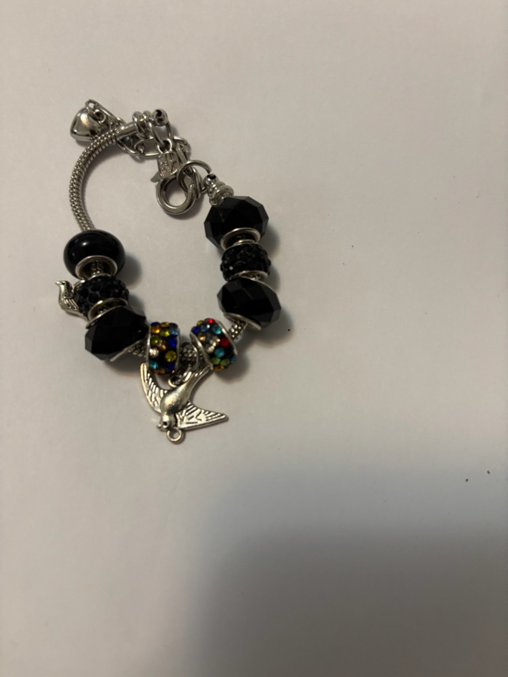 Silver Charm Bracelet with Black Faceted Beads & Multicolor Rondelles